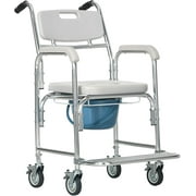 Killeryuki 3-in-1 Shower Commode Wheelchair, Transport Beside Commode Chair, Waterproof Rolling Over Toilet Chair 330 lbs. Weight Capacity with Padded Seat, Gray